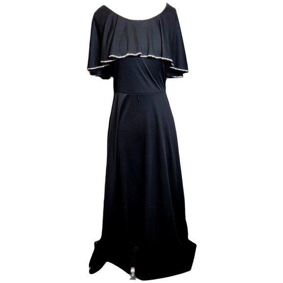 Retro 70s 80s Capelet Evening Gown Formal Black Rhinestone Trim Strait Lane Sm - Picture 1 of 10